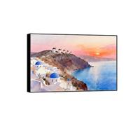 OZPWBVY Toile Mer Tableau Paysage-Blanc Bâtiments Coucher Soleil-Côtière Déco Murale Salon Chambre Salle de Bain Moderne Prêt à Accrocher 50x75cm Cadre Noir
