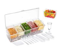 Ozwen Plateau à condiments réfrigéré avec 5 compartiments, couvercle, pinces, cuillères, fourchettes et mini tasse, station de garniture et salade et pizza et récipient de service pour bars, fêtes et