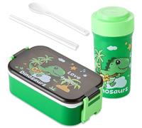 OZXVXZO Lunch Set avec Boîte à Lunch 900ML avec Couverts et Gourde 500 ML, Boîte à Déjeuner pour Enfant avec 2 Compartiments, Dinosaure, Vert