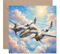 P-38 Carte d'anniversaire Lightning - Ciel nostalgique et flair héroïque - Combattant classique de la Seconde Guerre mondiale planant dans des nuages dorés - Carré de 145 mm, enveloppe incluse