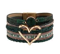 P Ammy Fashion Bracelet multicouche en cuir avec cœur pour femme - Empilable - Style bohème - Avec fermoir magnétique - Cadeau idéal, Moyen, Simili cuir