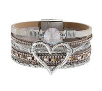P Ammy Fashion Bracelet multicouche en cuir avec cœur pour femme - Empilable - Style bohème - Avec fermoir magnétique - Cadeau idéal, Moyen, Simili cuir, Quartz synthétique