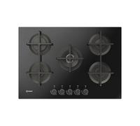 Indesit ING 72T/BK 1 Plaque de cuisson à gaz en verre noir, 75 cm, 5 brûleurs, double couronne, grilles de cuisson en fonte, passe au lave-vaisselle