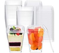 P PIPITA Lot de 50 tasses carrées transparentes modernes de 140 ml avec couvercles et cuillères, mini bol dessert réutilisables pour les amuse-bouches, la mousse, le pudding