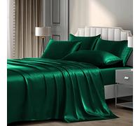 P Pothuiny Parure de lit 6 pièces en Satin Soyeux Vert noirâtre pour très Grand lit, 1 Drap-Housse à Poche Profonde + 1 Drap Plat + 4 taies d'oreiller