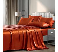P Pothuiny Parure de lit de Luxe en Satin Extra Doux - 6 pièces - 1 Drap-Housse en Satin - 1 Drap Plat et 4 taies d'oreiller - Orange brûlé