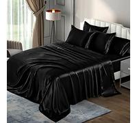 P Pothuiny Parure de lit en Satin pour lit King Size (6 pièces, Noir) - Parure de lit de Luxe en Satin Soyeux Extra Doux - 1 Drap-Housse en Satin + 1 Drap Plat + 4 taies d'oreiller