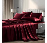 P Pothuiny Parure de lit Luxueuse en Satin Soyeux 6 pièces avec 1 Drap-Housse à Bonnets Profonds + 1 Drap Plat + 4 taies d'oreiller Bordeaux