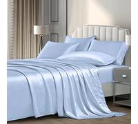 P Pothuiny Parure de lit satinée de Luxe 6 pièces avec 1 Drap-Housse Profond + 1 Drap Plat + 4 taies d'oreiller Bleu Clair