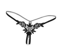 P Prettyia Culotte string strings en dentelle avec perles et fleurs - Pour femme - Noir - taille unique