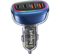 P4Y Chargeur Rapide pour Voiture US-CC169 C34 avec lumière colorée 4ports 2X USB-C 2X USB-A Chargement Rapide PD30W+QC3.0 AACC 120W Chargement simultané de 4 appareils (Bleu Vif)
