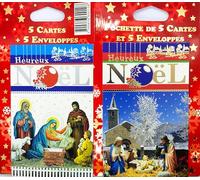 P5-467 LOT Pochette 5 Cartes assorties Joyeux Noël Religieux Crèche Dorée/Argentée 8,5x13,5cm + 5 Enveloppes Blanches 9x14cm - Pour Souhaiter de Joyeuses Fêtes de Fin d'Année et Présenter vos Vœux