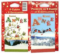 P5-470 LOT Pochette 5 Cartes assorties Bonne Année Oiseaux Neige avec Paillettes 8,5x13,5cm + 5 Enveloppes Blanches 9x14cm - Joyeuses Fêtes de Fin d'Année Meilleurs Vœux Rouge-gorge Chouette Hiboux