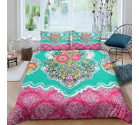 P5V6M1Q9 Housse de Couette Microfibre Douce Mandala Floral 3D Printed Turquoise Rose Ensemble Literie avec 2 Taies Oreiller pour Cadeau Noël Anniversaire Single（135x200cm）