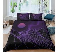 P5V6M1Q9 Housse de Couette Microfibre Douce Retro Grille Violette Décor Futuriste Ensemble Linge de Lit 3D Printed avec 2 Taies Idéal Cadeau Anniversaire Noël Single（135x200cm）