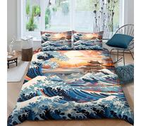 P5V6M1Q9 Housse de Couette Microfibre Vague Japonaise Douce 3D Imprimé Ensemble Linge de Lit Soleil Couchant avec 2 Taies pour Cadeau Anniversaire Noël Single（135x200cm）