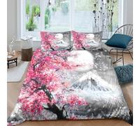 P5V6M1Q9 Microfiber Doux Sakura Moon Duvet Cover 3D Printed Fuji Mountain Bedding Set avec 2 Taies d’Oreiller pour Cadeau Anniversaire Noël Maison Single（135x200cm）