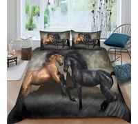 P5V6M1Q9 Microfibre Douce Parure de lit Cheval Sauvage Marron 3D Printed Housse de Couette Étalon Noir avec 2 taies pour Cadeau d'anniversaire Single（135x200cm）