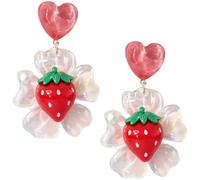 Paar Erdbeer-Ohrringe, baumelnde Acryl-Ohrringe mit Herz und Blume, roter vom Obst inspirierter Modeschmuck, Länge 6 cm, leichter Stil zur Ergänzung Ihrer Outfits