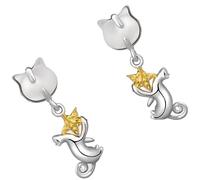 Paar hängende Katzenohrringe, S925-Silberstift, Katze hält einen Stern, Tierohrringe, Geschenk für Frauen