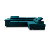 Best Mobilier - Canapé d'angle Convertible avec Coffre - Angle Droit - Pablo en Velours - Canapé Lit - Sofa Bleu Canard 5 Places - Têtières Réglables - Salon