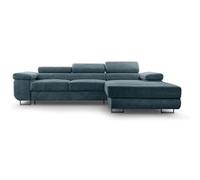 Pablo - canapé d'angle droit - 6 places - convertible avec coffre et têtières réglables - en velours côtelé - Bleu Bleu G