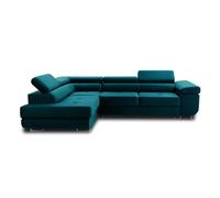 Best Mobilier - Canapé d'angle Convertible avec Coffre - Angle Gauche - Pablo en Velours - Canapé Lit - Sofa Bleu Canard 5 Places - Têtières Réglables - Salon