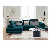 Pablo - canapé d'angle gauche - 5 places - convertible avec coffre et têtières réglables - en velours - Bleu canard