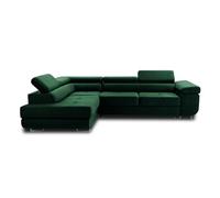 Pablo - canapé d'angle gauche - 5 places - convertible avec coffre et têtières réglables - en velours - Vert