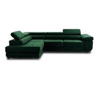 Pablo - canapé d'angle gauche - 5 places - convertible avec coffre et têtières réglables - en velours - Vert Vert G