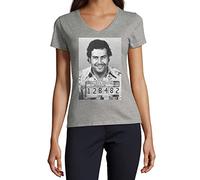 Pablo Escobar El Medellin Mugshot T-Shirt en Coton à col en V pour Femmes Gris Small