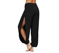 PACBREEZE Pantalon Sarouel Léger pour Femme avec Fentes Latérales pour Yoga, Danse, Entraînement, Hippie - Noir - Taille XL