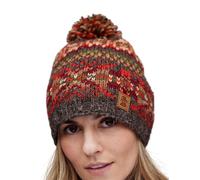 Pachamama Bonnet à pompon en laine pour femme avec doublure en polaire - Marron - Motif jacquard multicolore - Taille unique - Fait à la main - Commerce équitable, Multicolore, taille unique