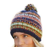 Pachamama Bonnet à pompon en laine pour femme avec doublure en polaire tricotée à la main et rayures bleues multicolores Taille unique Fait à la main Commerce équitable, bleu, taille unique