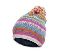 Pachamama Bonnet à pompon en laine pour femme avec doublure en polaire tricotée à la main et rayures multicolores Taille unique Fait à la main Commerce équitable, Multicolore, Taille unique