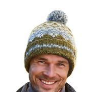 Pachamama Bonnet à pompon en laine pour homme avec doublure en polaire tricoté à la main Style jacquard contemporain Taille unique Fait à la main Commerce équitable, vert mousse, L/taille unique