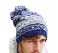 Pachamama Bonnet à pompon en laine pour homme doublé en polaire tricoté à la main Bleu Fairisle traditionnel Taille unique Fait à la main Extra chaud Commerce équitable, bleu, L/taille unique