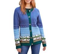 Pachamama Cardigan en laine fine tricotée à la main pour femme, flocage de mouton, bleu, multicolore, fait à la main, chaud, boutonné, commerce équitable, bleu, M