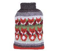 Pachamama Housse de bouillotte 100 % laine tricotée à la main et bouillotte de 2 litres - Motif renard fait à la main Commerce équitable Multicolore thermique