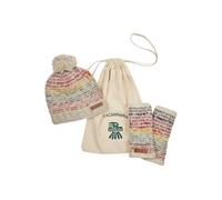 Pachamama Lot de 2 bonnets assortis en laine/mohair pour femme avec bonnet à pompon et chauffe-main/poignet - Sac cadeau - Doublure polaire Sherpa - Motif rayé tricoté à la main - Multicolore - Taille
