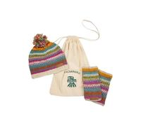 Pachamama Lot de 2 bonnets assortis en laine pour femme avec bonnet à pompon et chauffe-poignets doublés en polaire tricotés à la main Rayures multicolores Taille unique Fait à la main Extra chaud