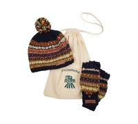 Pachamama Lot de 2 bonnets assortis en laine pour femme - Bonnet à pompon et mitaines - Sac cadeau doublé en polaire tricoté à la main - Rayures mouchées - Bleu multicolore - Taille unique - Fait à la