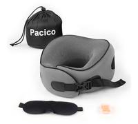 Pacico Oreiller de voyage, coussin de nuque en mousse à mémoire de forme 100 % pure pour voiture, train et avion, kit de voyage avec masques contour des yeux 3D et bouchons d'oreilles, gris foncé