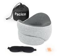 Pacico Oreiller de voyage, coussin de nuque en mousse à mémoire de forme 100 % pure pour voiture, train et avion, kit de voyage avec masques contour des yeux 3D et bouchons d'oreilles, gris