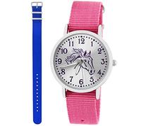 Pacific Time Lot de 2 montres-bracelets pour enfant fille garçon cheval avec bracelet en textile rose + un autre bracelet analogique à quartz, bleu, Lanières