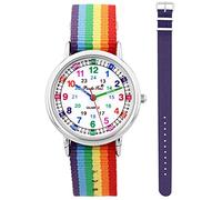 Pacific Time Montre-bracelet pour enfant fille garçon montre d'apprentissage très facile à lire changement bracelet textile arc-en-ciel + quartz analogique, lilas, Sangles