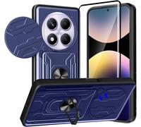 Pack 1 Pièce ¿ Coque Renforcée Pc+Tpu Pour Redmi Note 14 Pro (4g) + Verre Écran 3d Intégral, Cache Caméra Coulissant, Anneau Magnétique 360° Et Fente Carte, Bleu