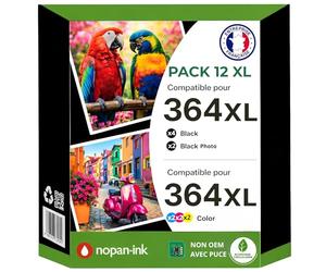 Pack 12 Cartouches d’Encre 364XL 364 XL CN684EE CB323EE CB324EE CB325EE CB322EE Compatible pour HP DeskJet OfficeJet PhotoSmart Noir Noir Photo Cyan Magenta Jaune Haute capacité avec Puce