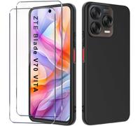 Pack 2+1 Verre Trempé + Coque Silicone Compatible Zte Blade V70 Vita ¿ Protection Écran Anti-Rayures, Anti-Chocs, Bords Rehaussés, Anti-Empreintes ¿ Noir