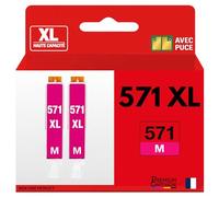 Pack 2 Cartouche Encre CLI-571XL CLI 571XL Compatible pour Canon Pixma MG5750 MG5751 MG5752 MG6850 MG6851 MG7750 TS5050 TS6050 TS8050 TS9050 Magenta Haute capacité avec Puce 650 Pages